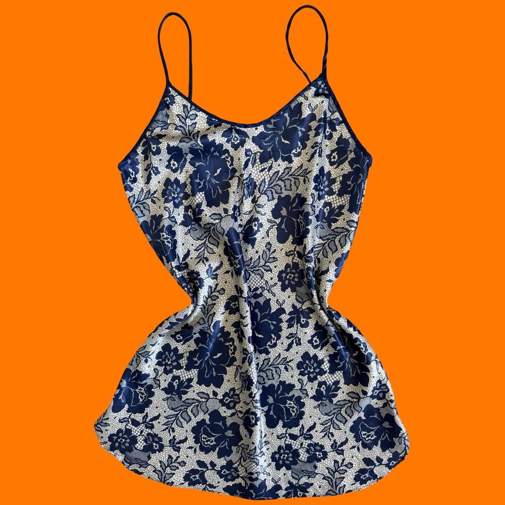 90's vintage navy blue floral satin lingerie mini slip dress MEDIUM